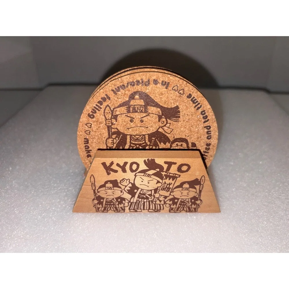 Vintage Japanese Shinsengumi Kyoto Cork Coaster Set with Wooden Stand (Set of 4)